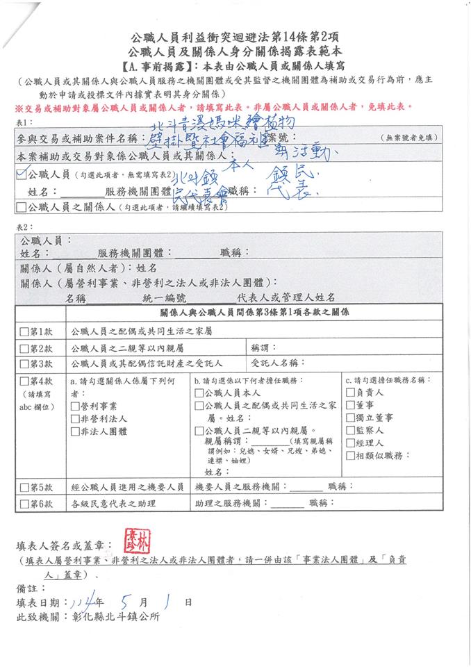 彰化縣北斗青溪婦女協會-理事長 林素珍-北斗青溪媽咪繪植物壁掛暨社會福利宣導活動-補助金額：10000元事前揭露