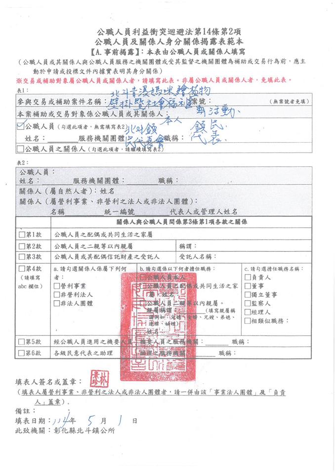 彰化縣北斗青溪婦女協會-理事長 林素珍-北斗青溪媽咪繪植物壁掛暨社會福利宣導活動-補助金額：10000元事前揭露