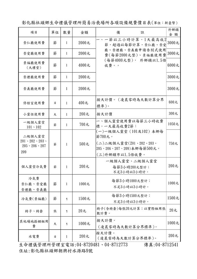 社頭鄉簡易治喪場所收費標準
