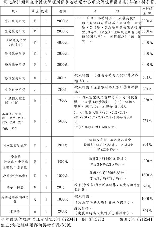社頭鄉簡易治喪場所收費標準