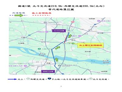 國道1號北向西螺交流道至北斗交流道路段(223.9k-221.9k)預計114年6月30~7月4日封閉部分車道進行橋面板裂縫修復施工說明