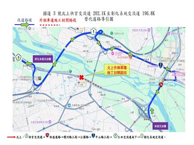 國道3號北向快官交流道至彰化系統交流道路段(200.9k-199.3k)預計114年8月5~7日封閉外側車道進行橋面整修作業施工說明