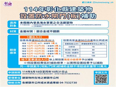 彰化縣政府推出「114年建築物防水閘門設置補助計畫」 助力民眾防災減災 