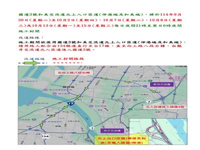 9月30日至10月2日、10月7日、10月8日及10月13日至15日 國道3號和美交流道北上入口匝道(伸港端及和美端)辦理路面刨鋪施工，請用路人配合及注意