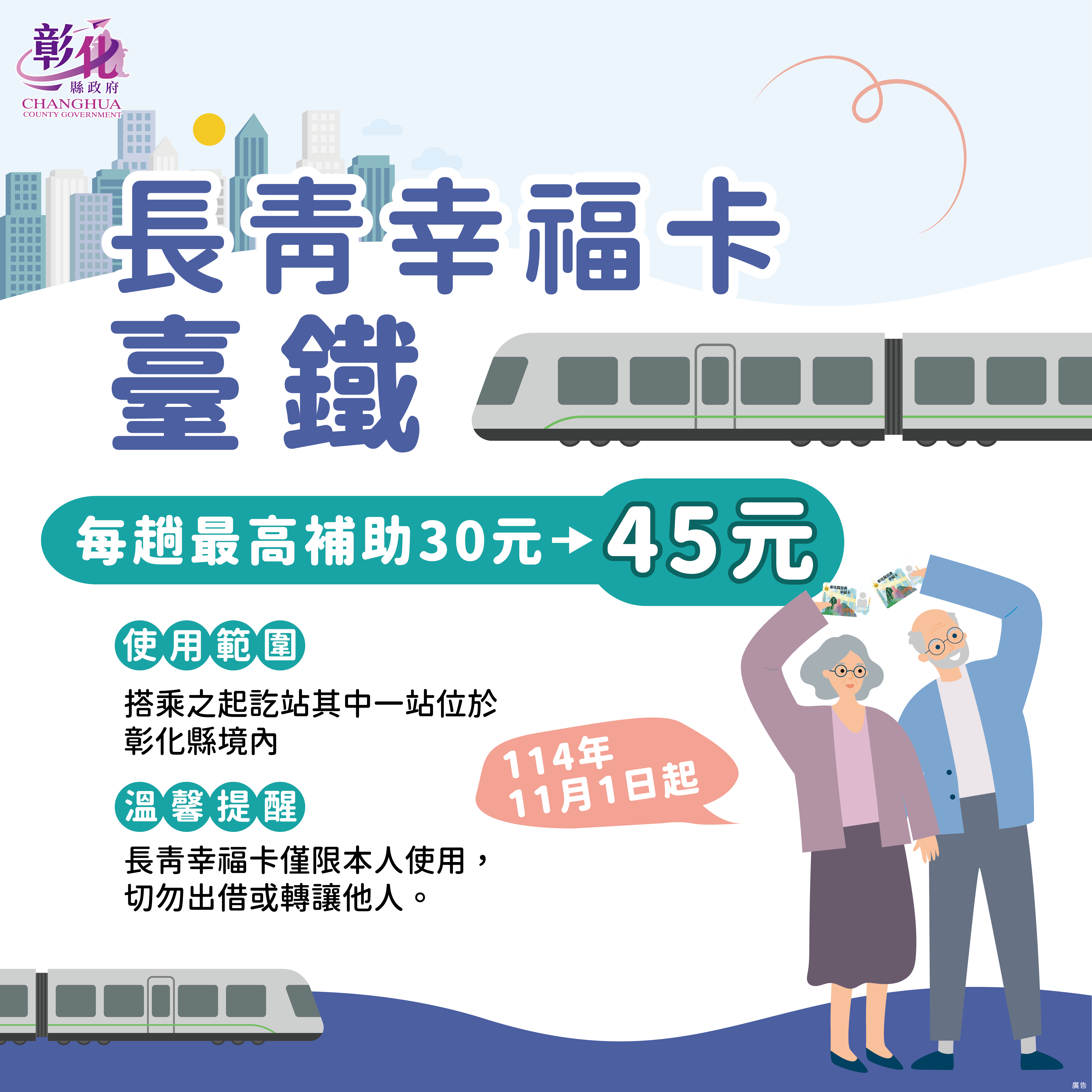 圖搭車更便利，補助再升級！彰化縣長青幸福卡搭乘臺鐵補助自11月1日起增加為45元