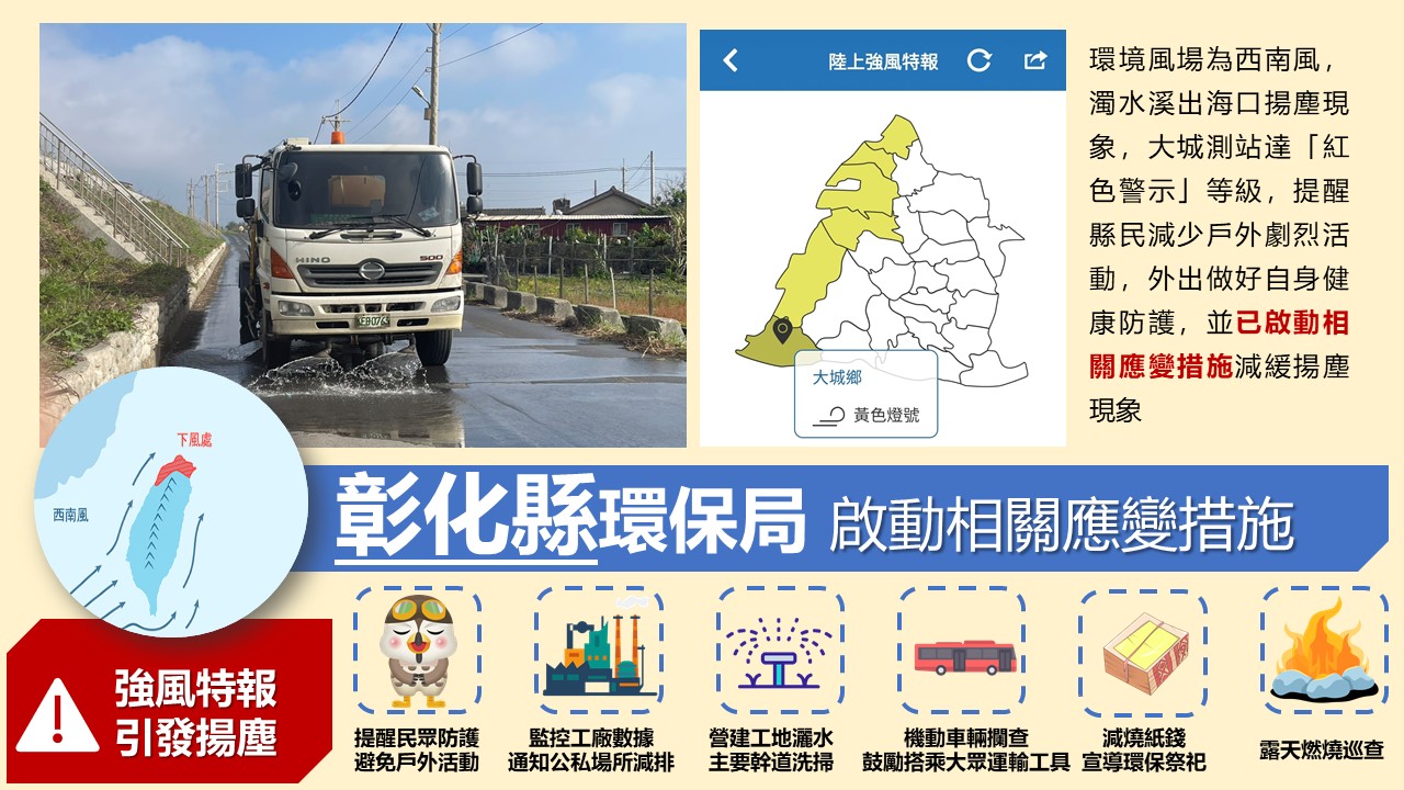 縮圖：濁水溪出海口強烈西南風引發揚塵，請縣民留意做好自身健康防護