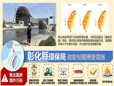 境外空污挾大量粒狀污染物，提醒縣民留意空品及做好自身健康防護