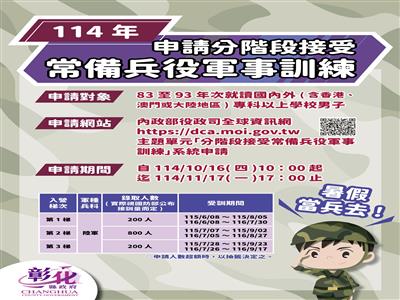 114年分階段接受常備兵役軍事訓練，自114年10月16日開始申請！