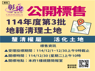 彰化縣政府代為標售114年度第3批地籍清理未能釐清權屬土地開始公告