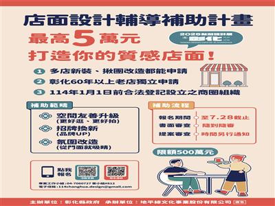 照片：「114彰化店面設計補助」開跑啦！ 單店補助款上限5萬元，即日起申請至7/28止