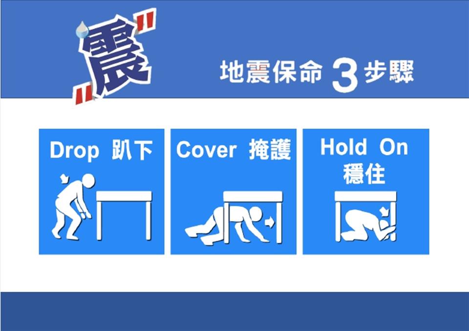 花壇鄉災害防救資訊111年4月份防疫宣導海報-地震保命3步驟