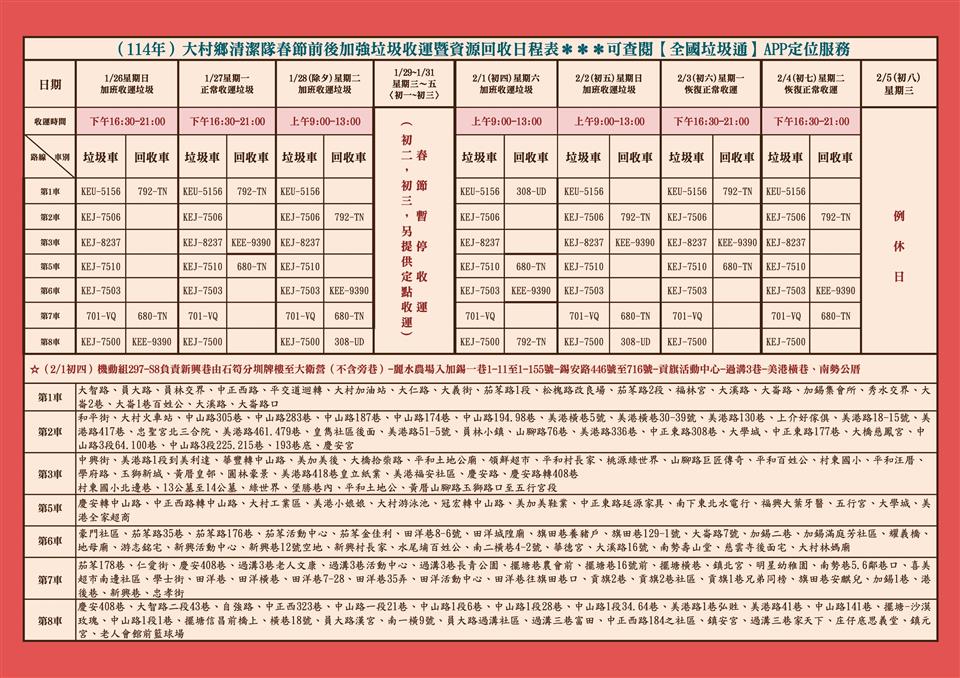 大村鄉-垃圾清運時間表114年春節前後加強垃圾收運日程表