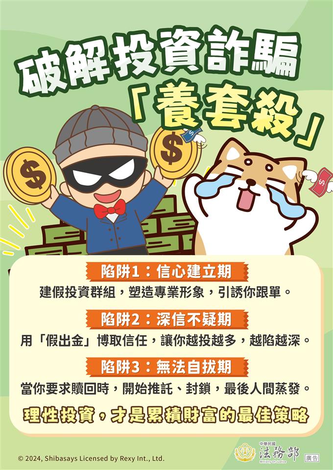政風業務專區海報：【柴語錄】破解投資詐騙「養套殺」