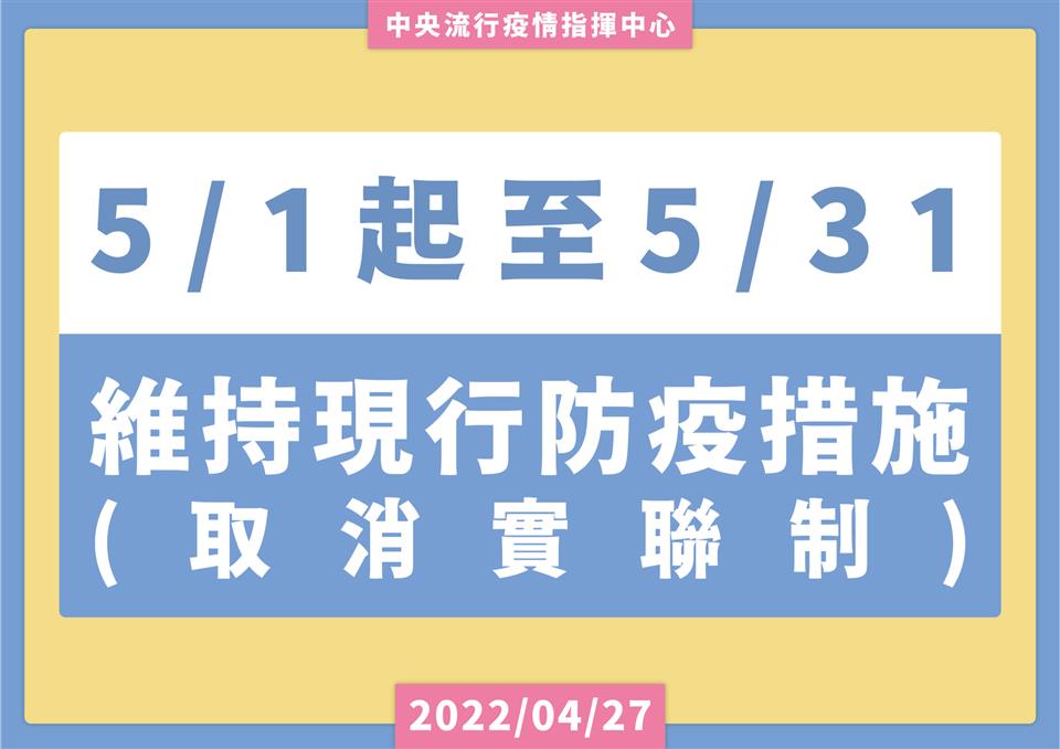 即日起取消實聯制，現行戴口罩等防疫措施維持至5月31日5月1日起至5月31日止維持現行防疫措施