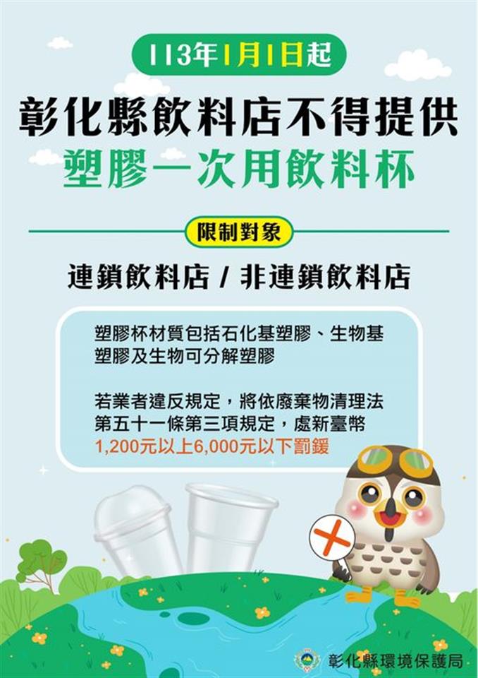 清潔隊自113年1月1日起彰化縣飲料店不得提供塑膠一次用飲料杯