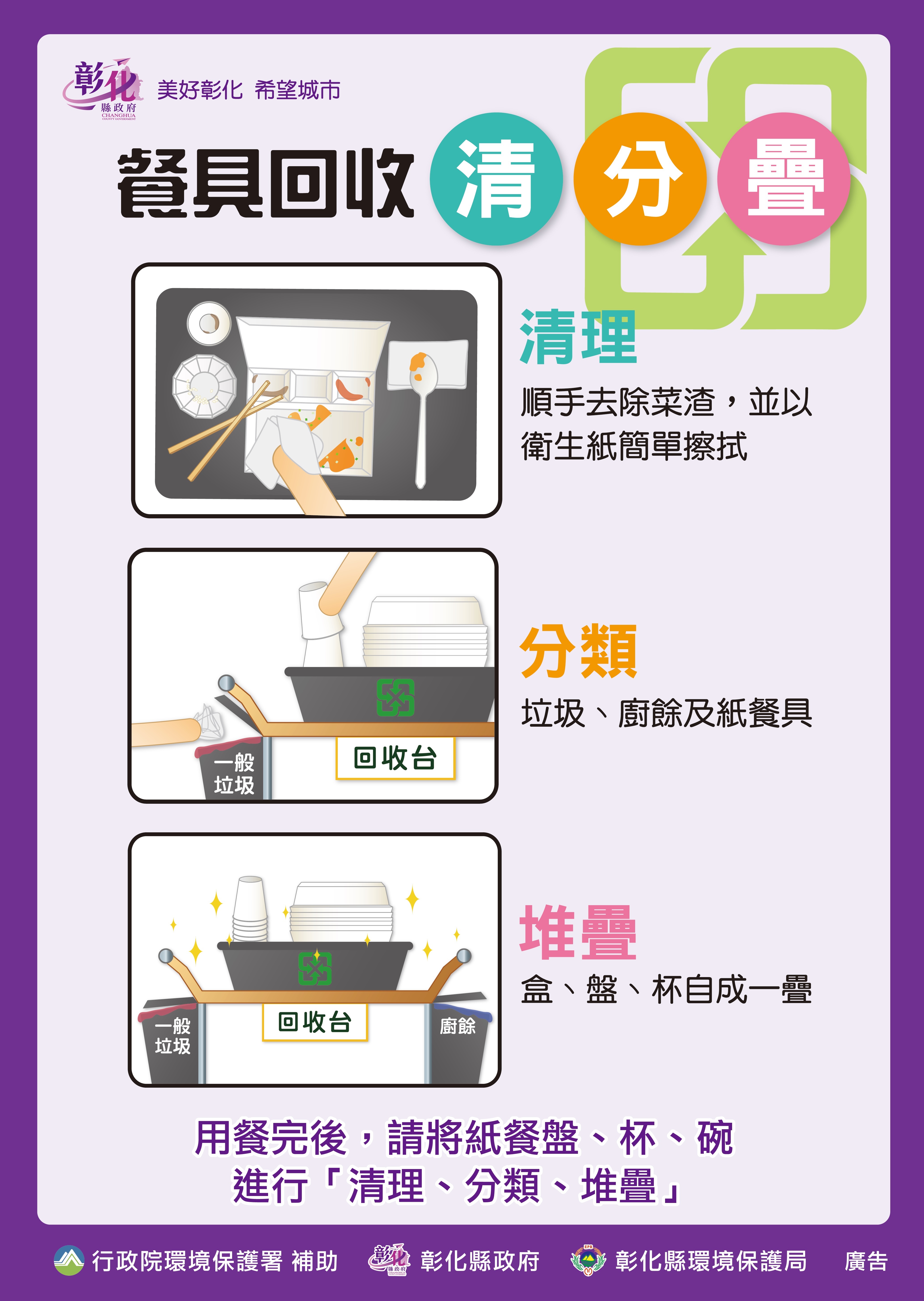 清潔隊紙餐具回收「清分疊」。  
(一) 清：紙餐具回收前，去除食物殘渣後簡單擦拭清理。  
(二) 分：將垃圾、廚餘及紙餐具分類。  
(三) 疊：按盒、盤、杯堆疊，將紙餐具確實回收。
